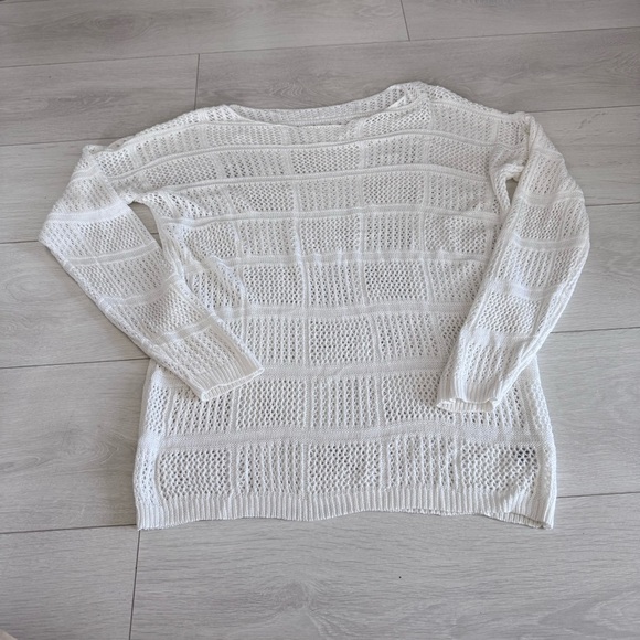 Open Knit Crochet Drapey Boho Long Sleeve Shirt Bathing Suit Cover White - Picture 2 of 4